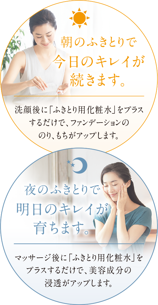 朝のふきとりで今日のキレイが続きます。 夜のふきとりで明日のキレイが育ちます。