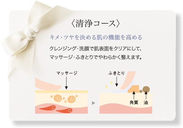 〈清浄コース〉 キメ・ツヤを決める肌の機能を高める クレンジング・洗顔で肌表面をクリアにして、マッサージ・ふきとりでやわらかく整えます。