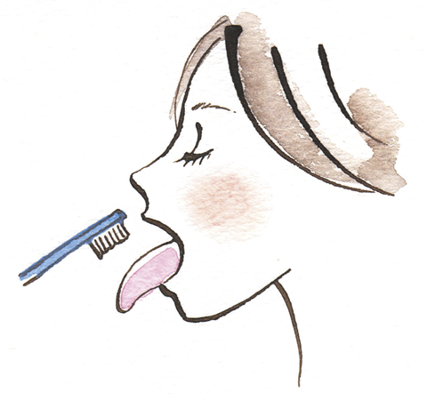 すすぎは1〜2回でさっと済ませます。朝の歯みがき時に舌の白いコケをやさしくブラッシングして落とすと、口臭予防にいっそう効果的！