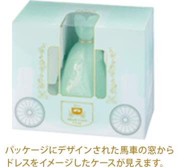 パッケージにデザインされた馬車の窓からドレスをイメージしたケースが見えます。